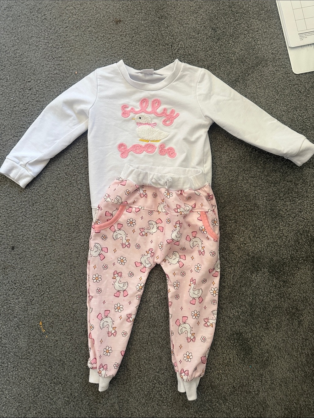 Silly goose White Long Sleeve Top and Pink Unicorn Joggers Set